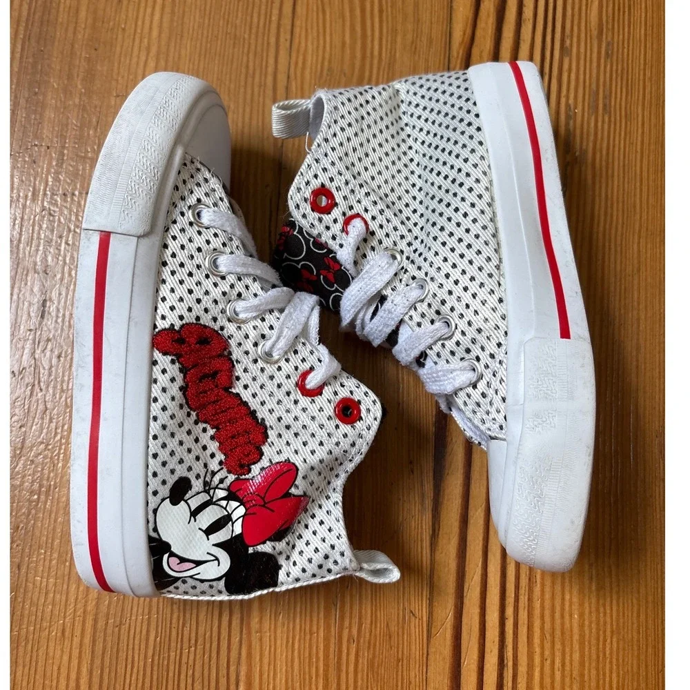 Disney Minnie Mouse High Top Sneakers Kids White Polka Dot Embroidered SIZE 12